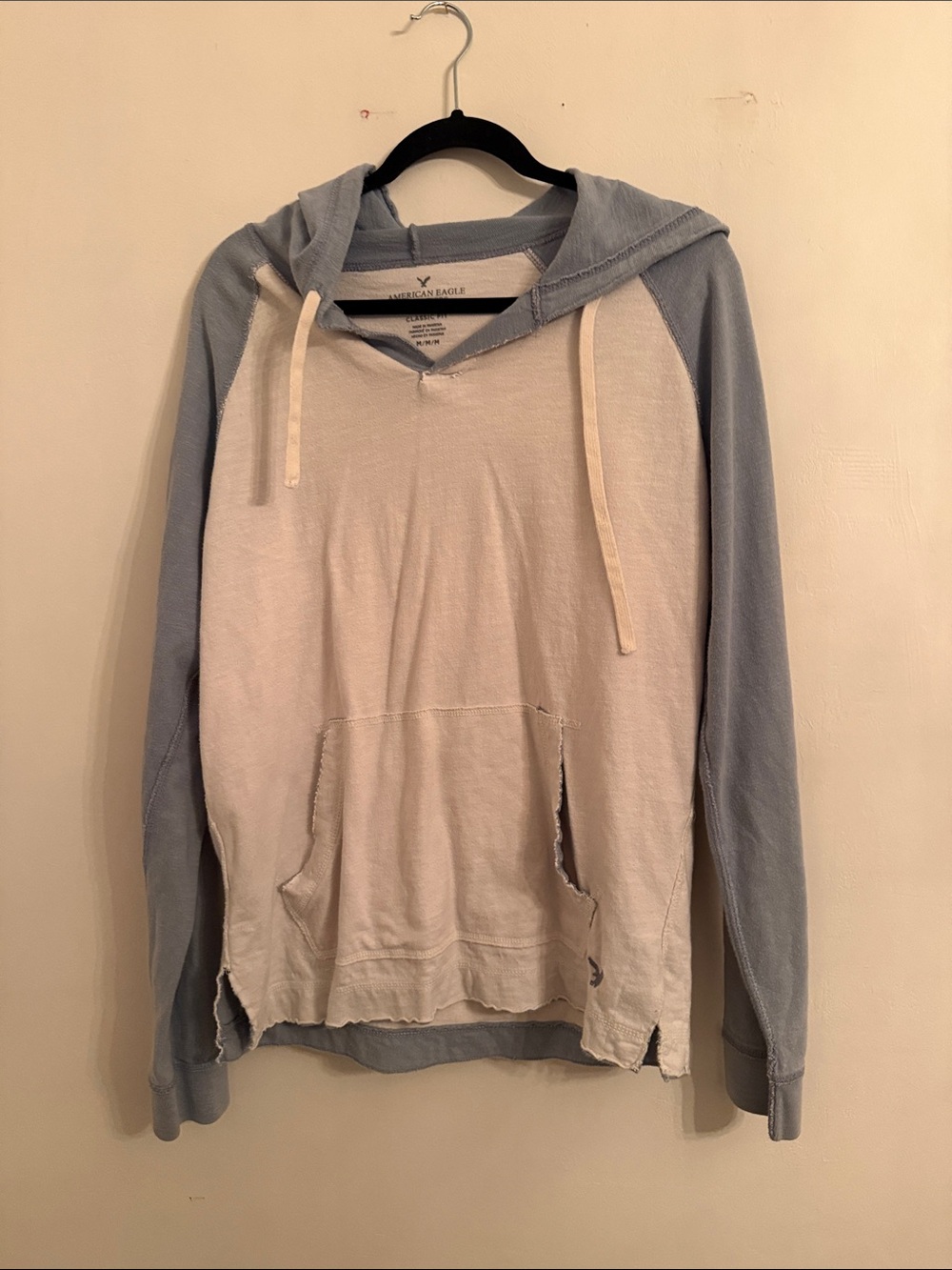 American Eagle Outfitters Cream Body with Light Blue Sleeve Hoodie